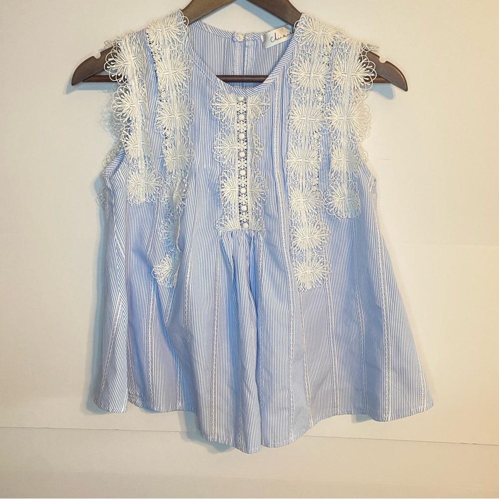 Chickwish Blue and White Pin Striped Flower Lace Blouse Top